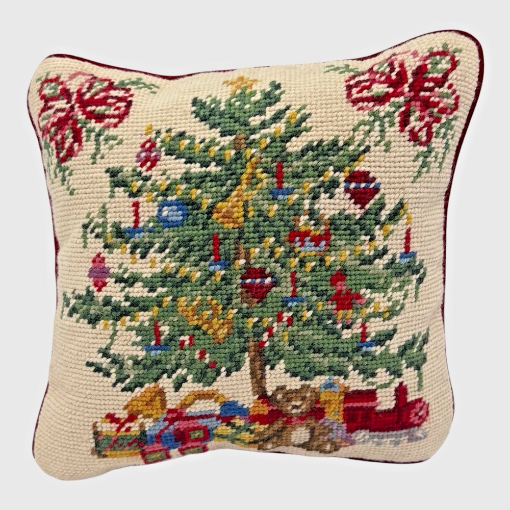 Wool Needlepoint Christmas Tree Pillow Train Toys Red Velvet 10" Handcrafted VTG